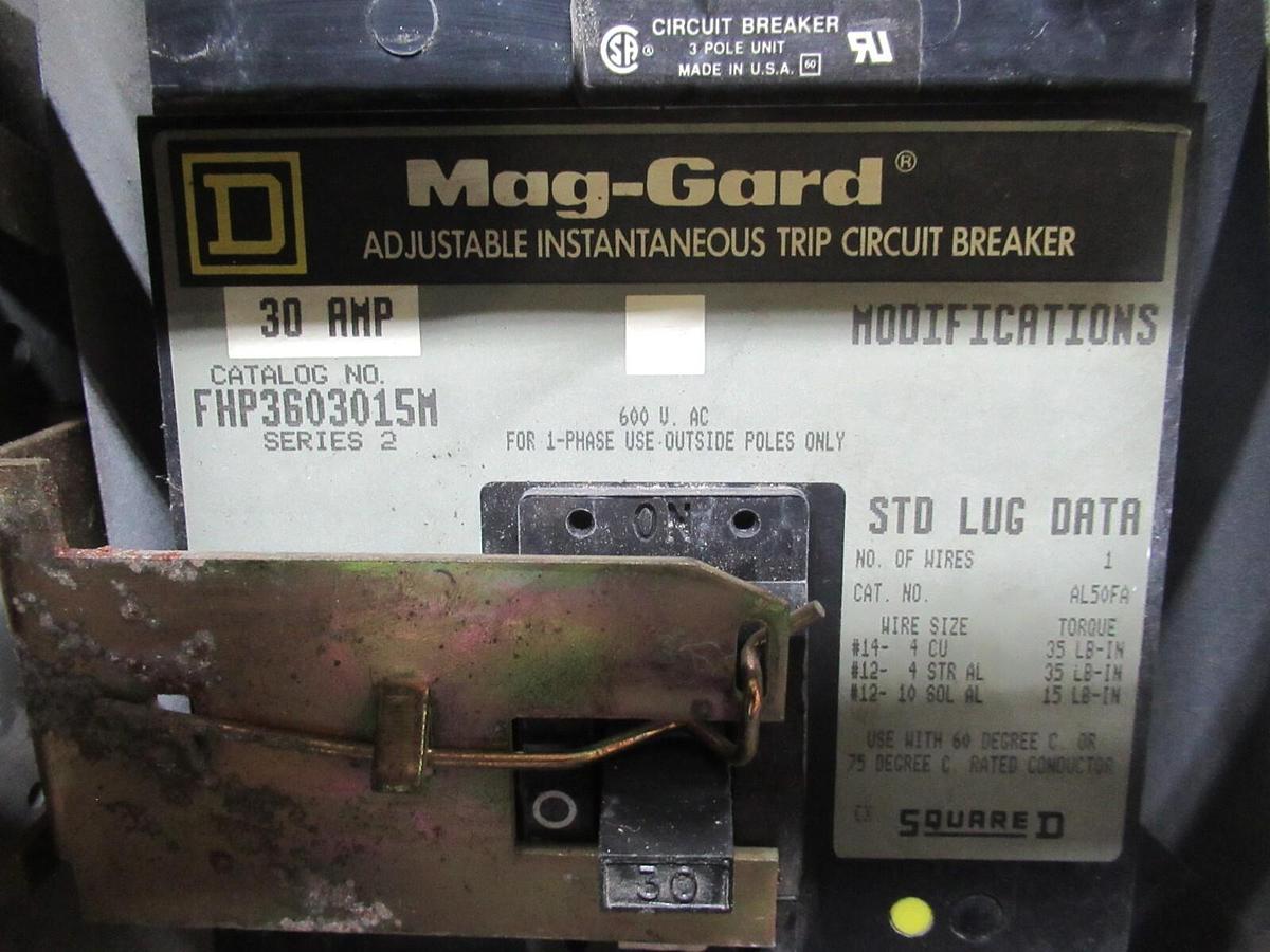Used SQUARE D MCC MOTOR CONTROL FEEDER 12" MODEL 5 W/ FHP3603015M BREAKER 30 AMP