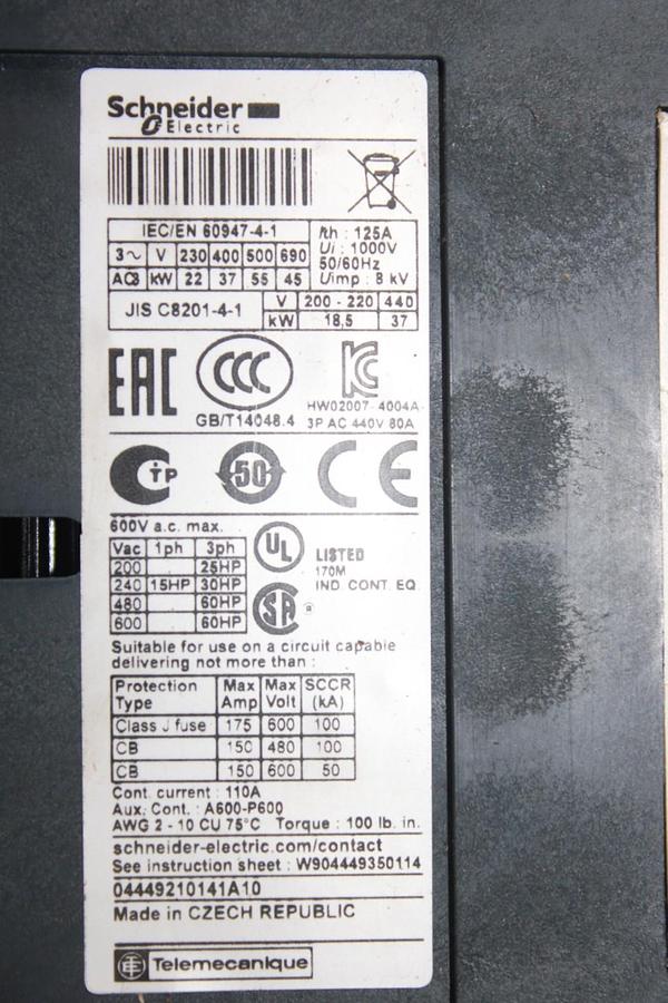 Used SCHNEIDER CONTACTOR LC1D80 110 AMP 600 VAC 60 HP 3-PHASE 3-POLE COIL: 110 VOLT