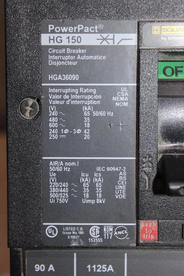 Used SQUARE D POWERPACT I-LINE CIRCUIT BREAKER HGA36090 90 AMP 600 VOLT 3-POLE