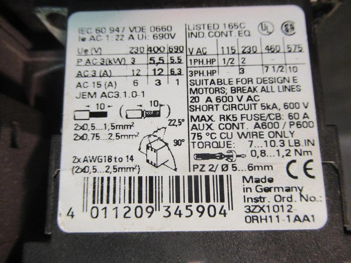 Used SIEMENS STARTER 3RT1017-1AK61 20 AMP 600 VAC 10 HP W/ 3RU1116-1JB0 OVERLOAD