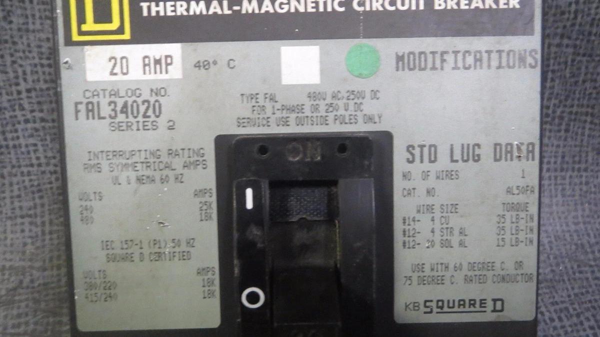 Used SQUARE D CIRCUIT BREAKER FAL34020 20 AMP 480 VAC 3-POLE 3-PHASE