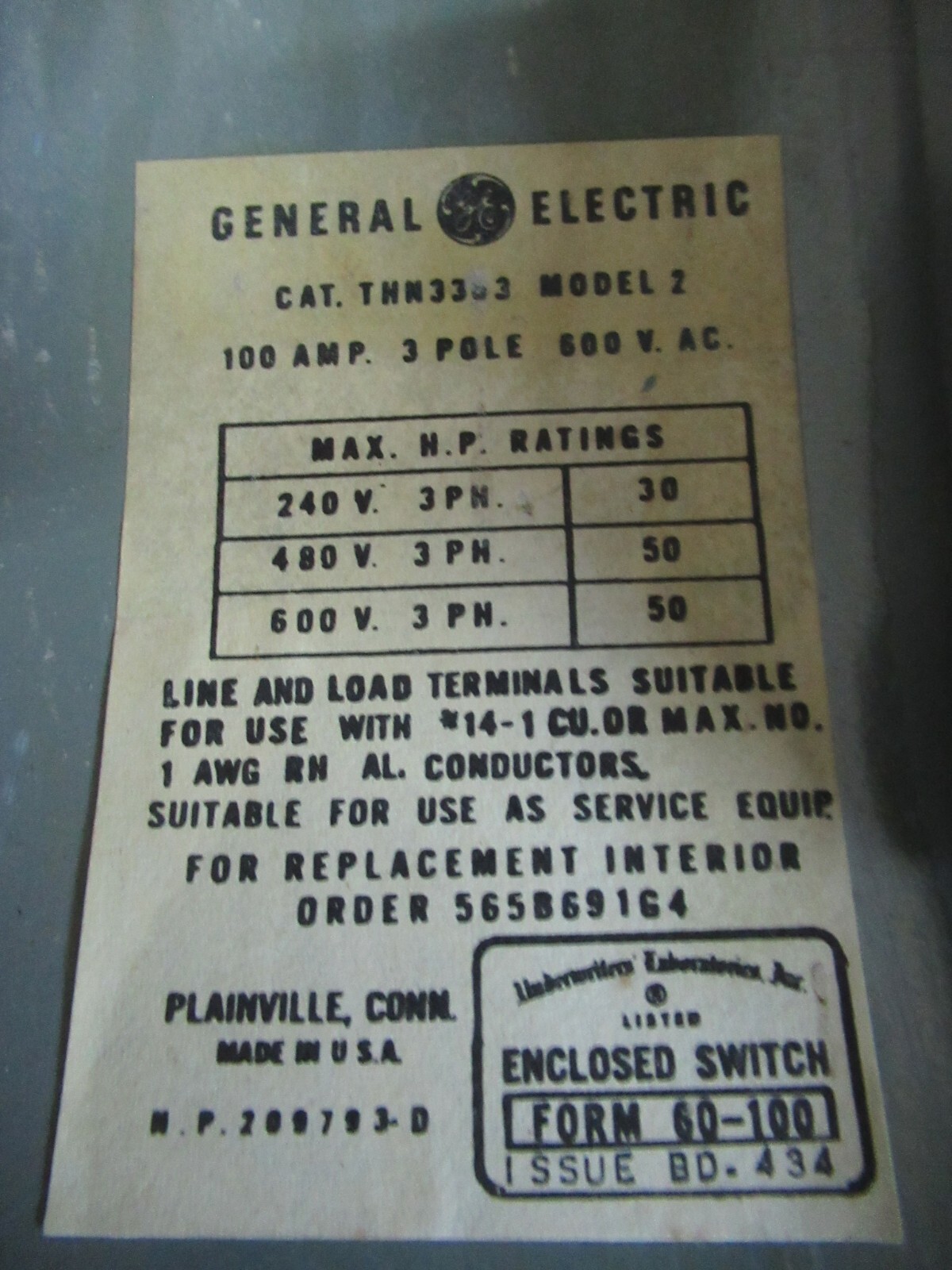 Used GE ENCLOSED SAFETY SWITCH THN3363 MODEL: 2 100 AMP 3-POLE 600 VAC 50 HP