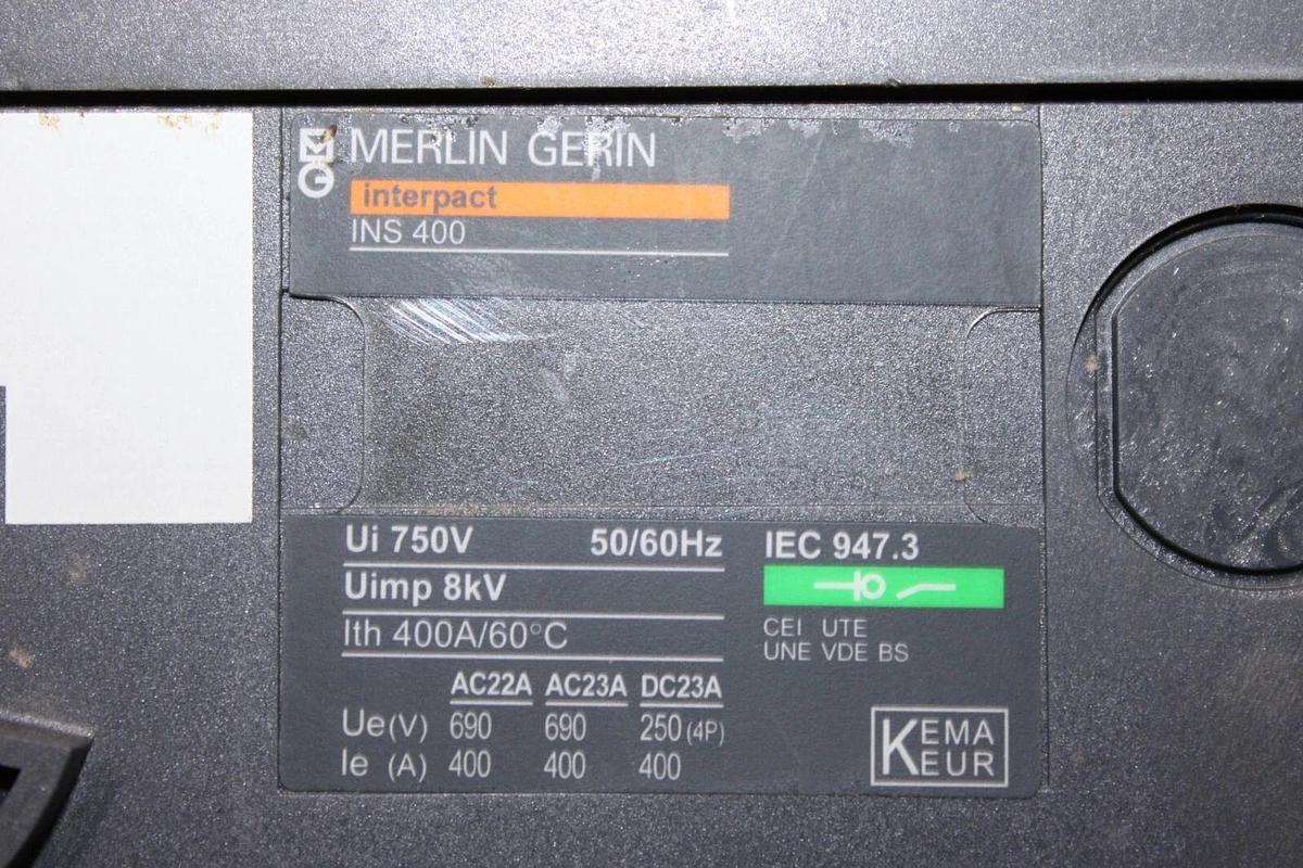 Used MERLIN GERIN INTERPACT MOLDED CASE SWITCH INS400 400 AMP 750 VOLT 3-POLE