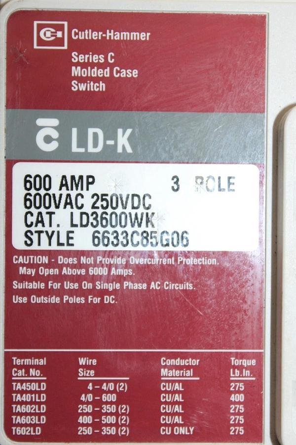 Used CUTLER HAMMER MOLDED CASE SWITCH LD3600WK 600 AMP 3-POLE 600 VAC 3-PHASE