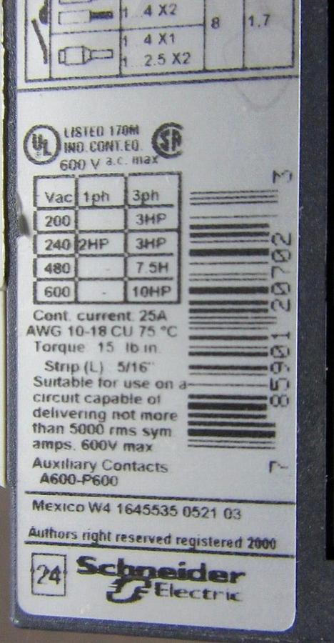 Used SQUARE D MANUAL MOTOR STARTER LC1-D12 25 AMP 600 VAC 10 HP W/ GV2-P14H7