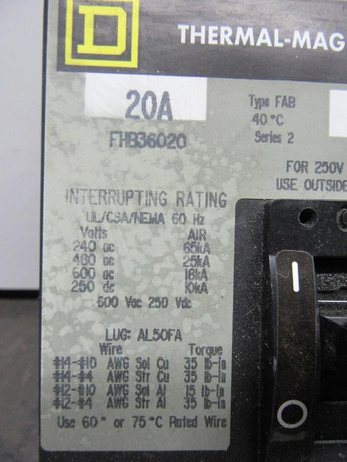 Used SQUARE D I-LINE BREAKER FHB36020 20 AMP 3-POLE 600 VAC **WARRANTY INCLUDED**