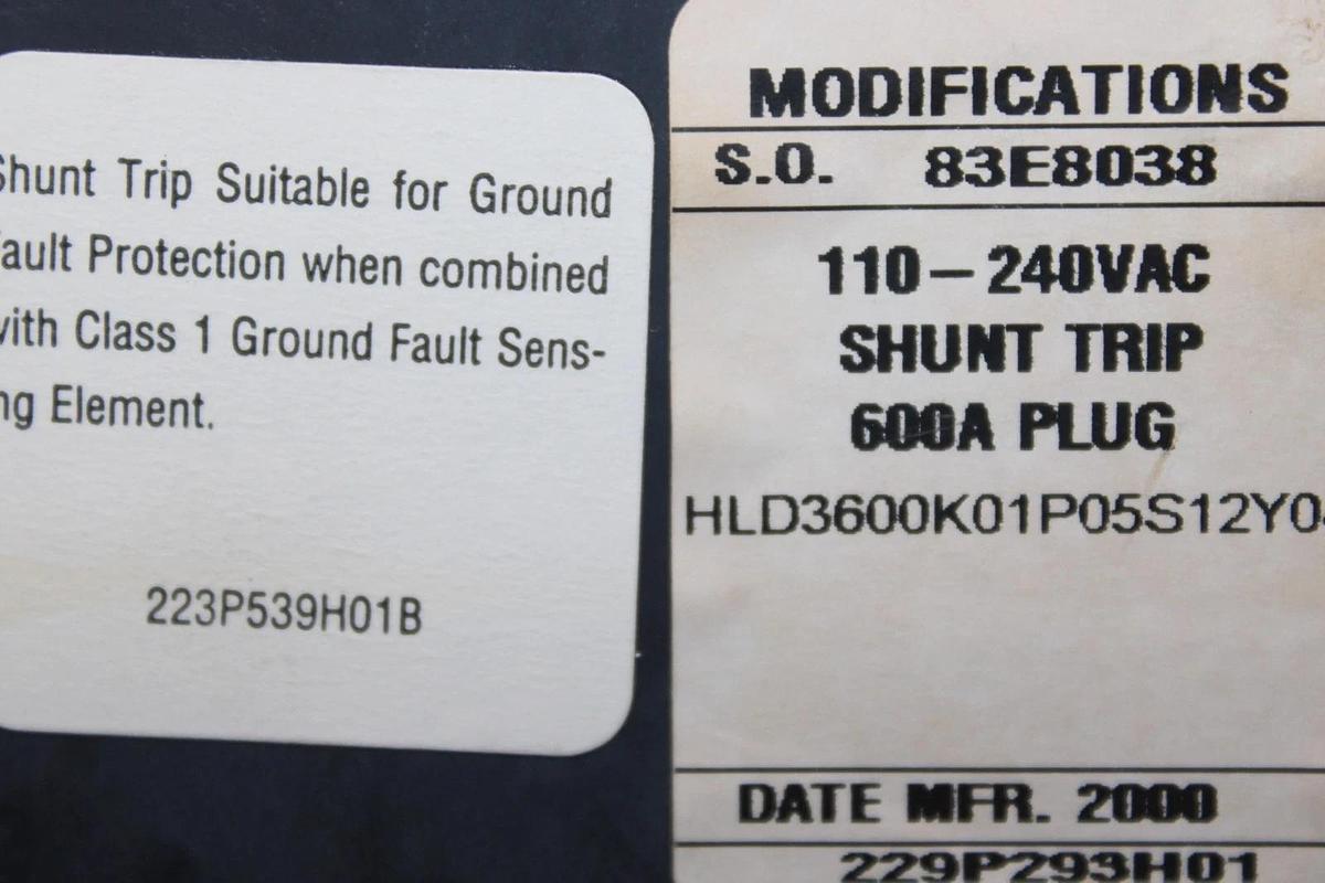 Used CUTLER HAMMER CIRCUIT BREAKER HLD3600F 600 AMP 600 VAC 3-POLE W/ SHUNT TRIP