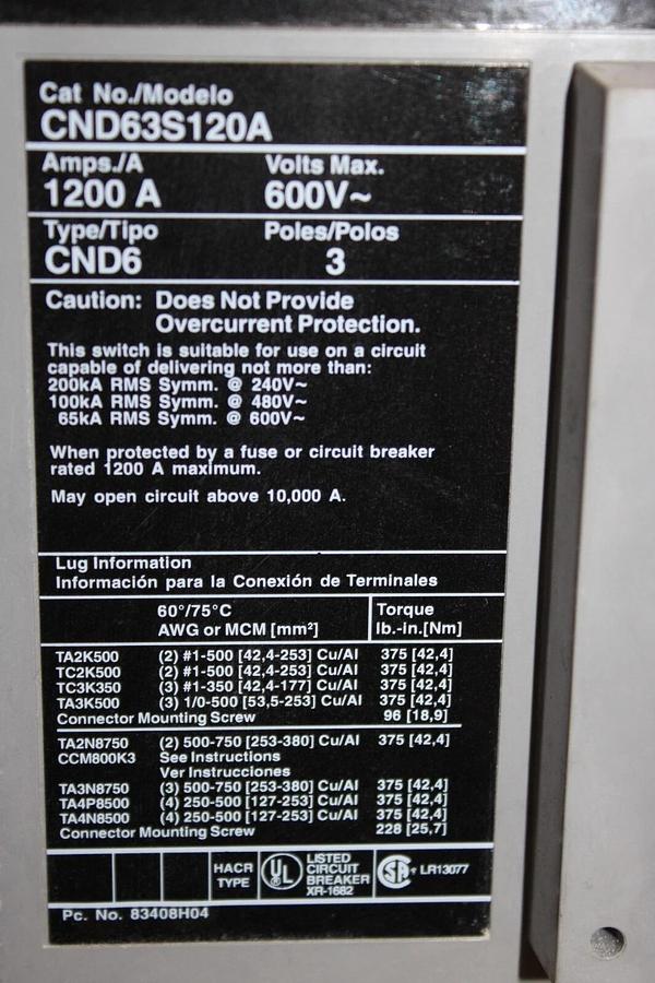 Used SIEMENS MOLDED CASE SWITCH CND63S120A 1200 AMP 600 VAC 3-POLE W/ MOUNT
