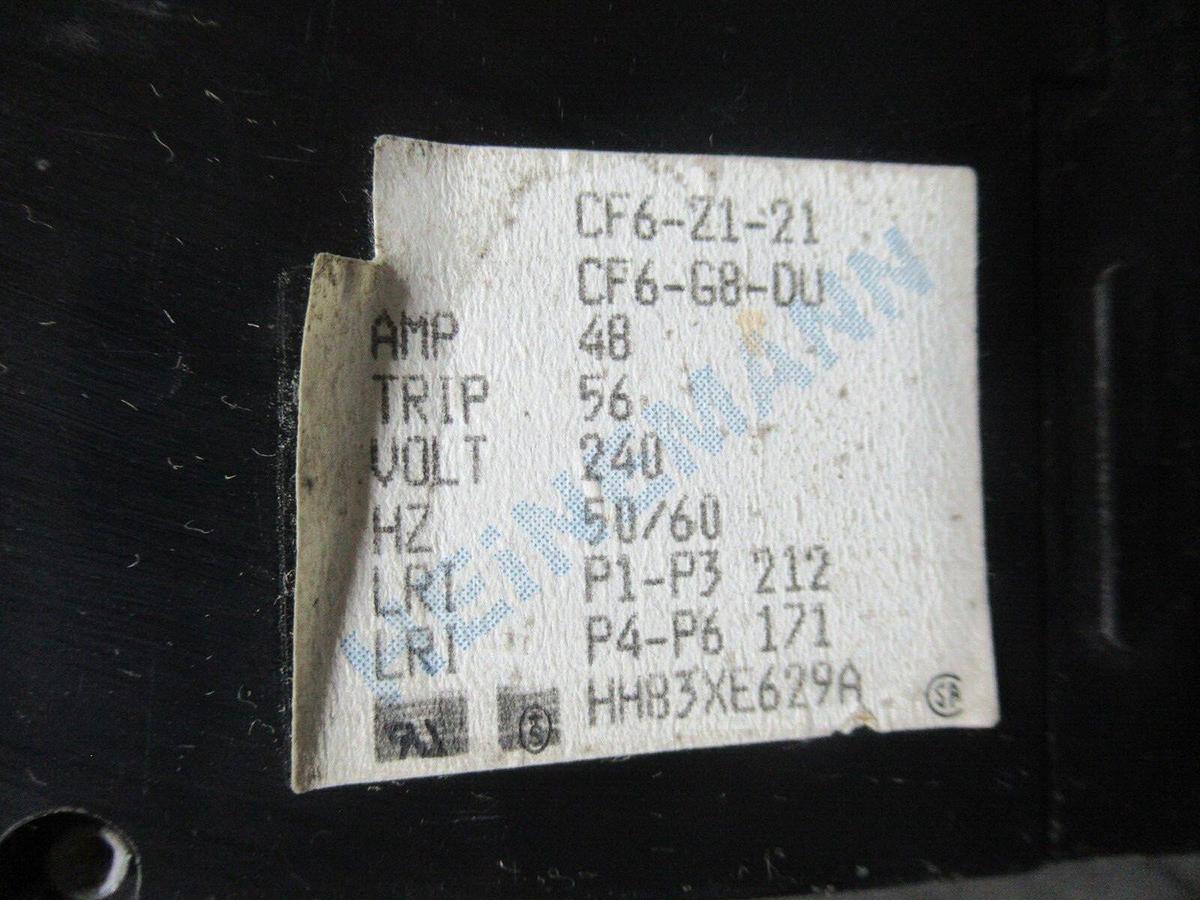 Used HEINEMANN BREAKER CF6-Z1-21 CF6-G8-DU 56 AMP TRIP 240 VAC HH83XE629A
