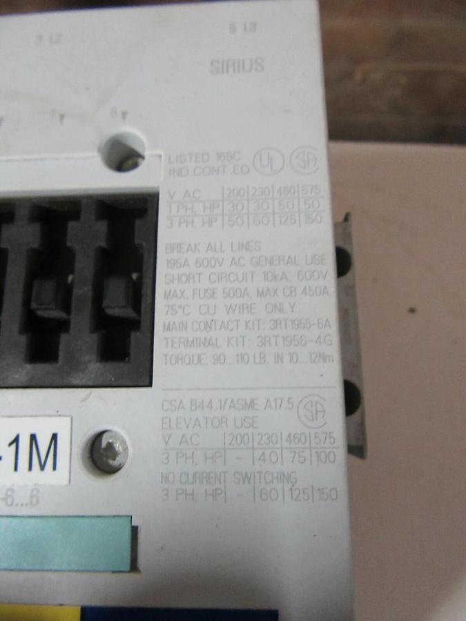 Used SIEMENS SIZE 4.5 SIRIUS STARTER 125 HP @ 460 V 3PH 195 A 120 V COIL 3RT1055-6