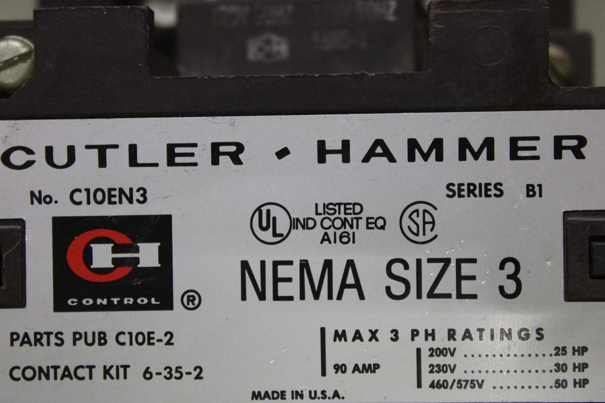 Used CUTLER-HAMMER CONTACTOR C10EN3 NEMA SIZE 3 90 AMP 600 VAC 3-POLE COIL: 120 V