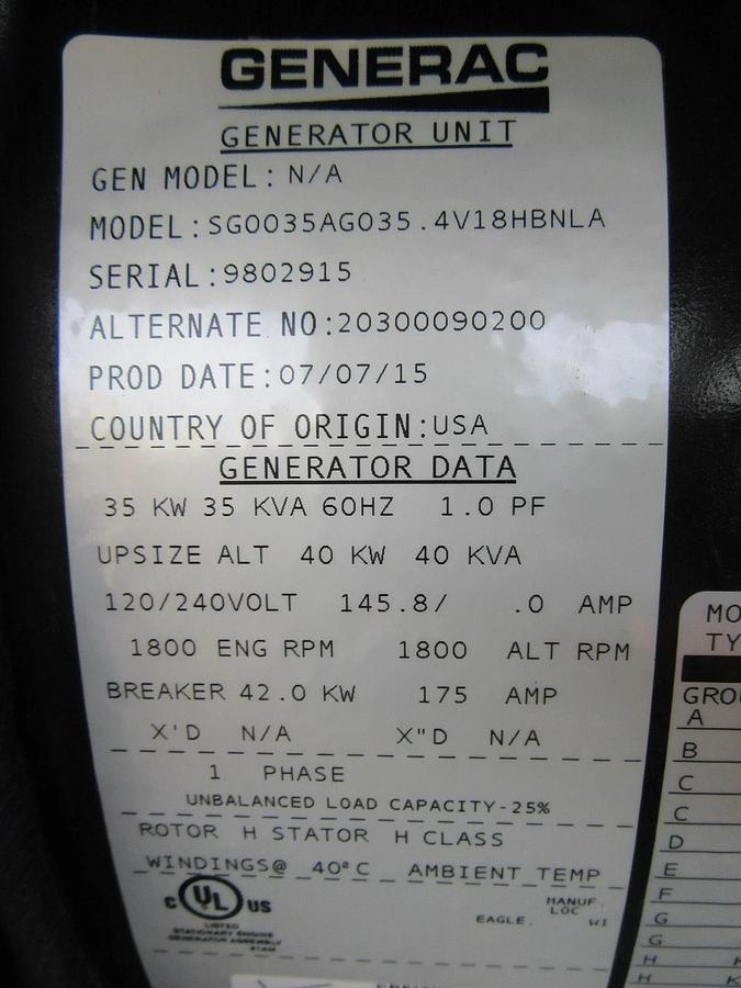 Used 35 KW GENERATOR GENERAC NATURAL GAS LP PROPANE 120/240 VOLT 1 PH 30 KW 40KW 2015