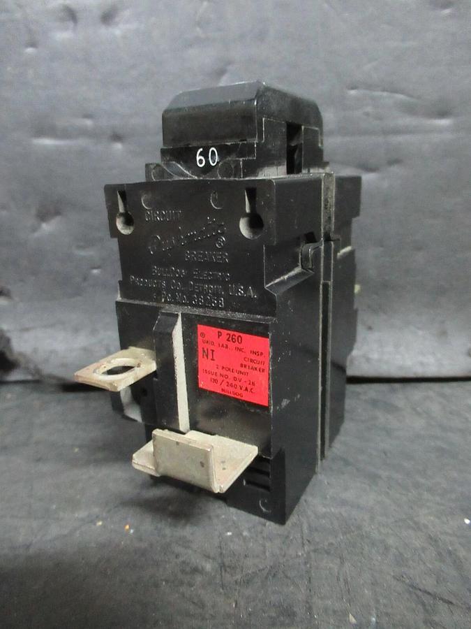Used BULLDOG ELECTRIC / PUSHMATIC HACR BREAKER P-260 36258 60 AMP 240 VAC 2-POLE