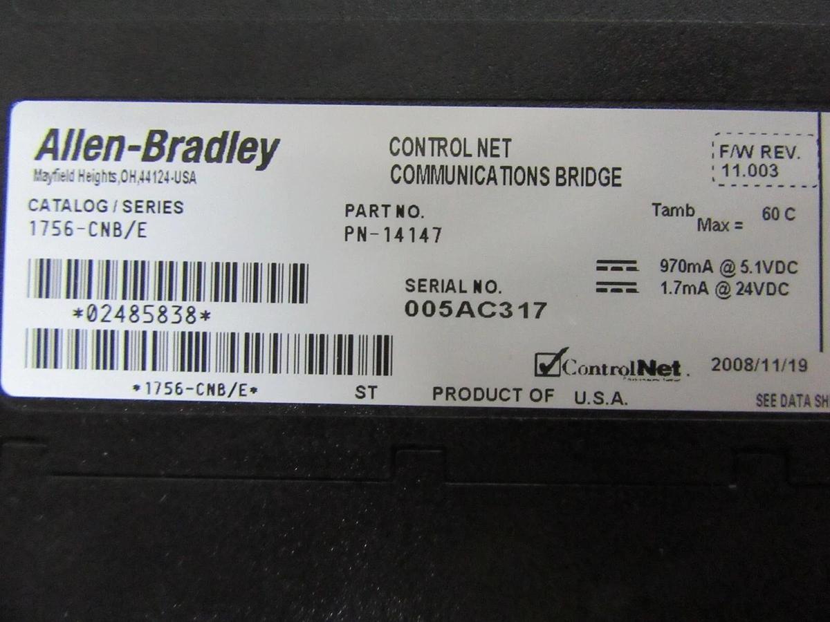 Used ALLEN BRADLEY CONTROL NET COM BRIDGE MODULE 1756-CNB/E PN-14147 24 VDC