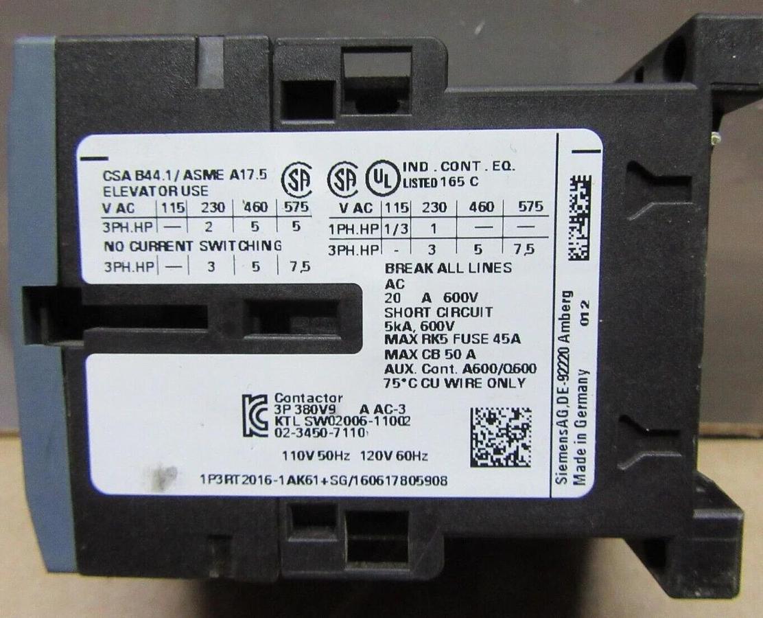 Used SIEMENS CONTACTOR 3RT2016-1AK61 600 VAC 20 AMP 7.5 HP 3-PHASE COIL: 110/120 VOLT