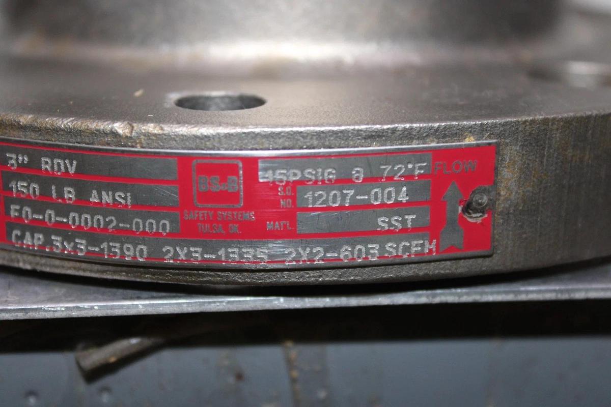 Used 3" BS&B TRANE RDV F0-0-0002-000 150 LB ANSI PRESSURE RELIEF VALVE 15 PSIG @ 72°F