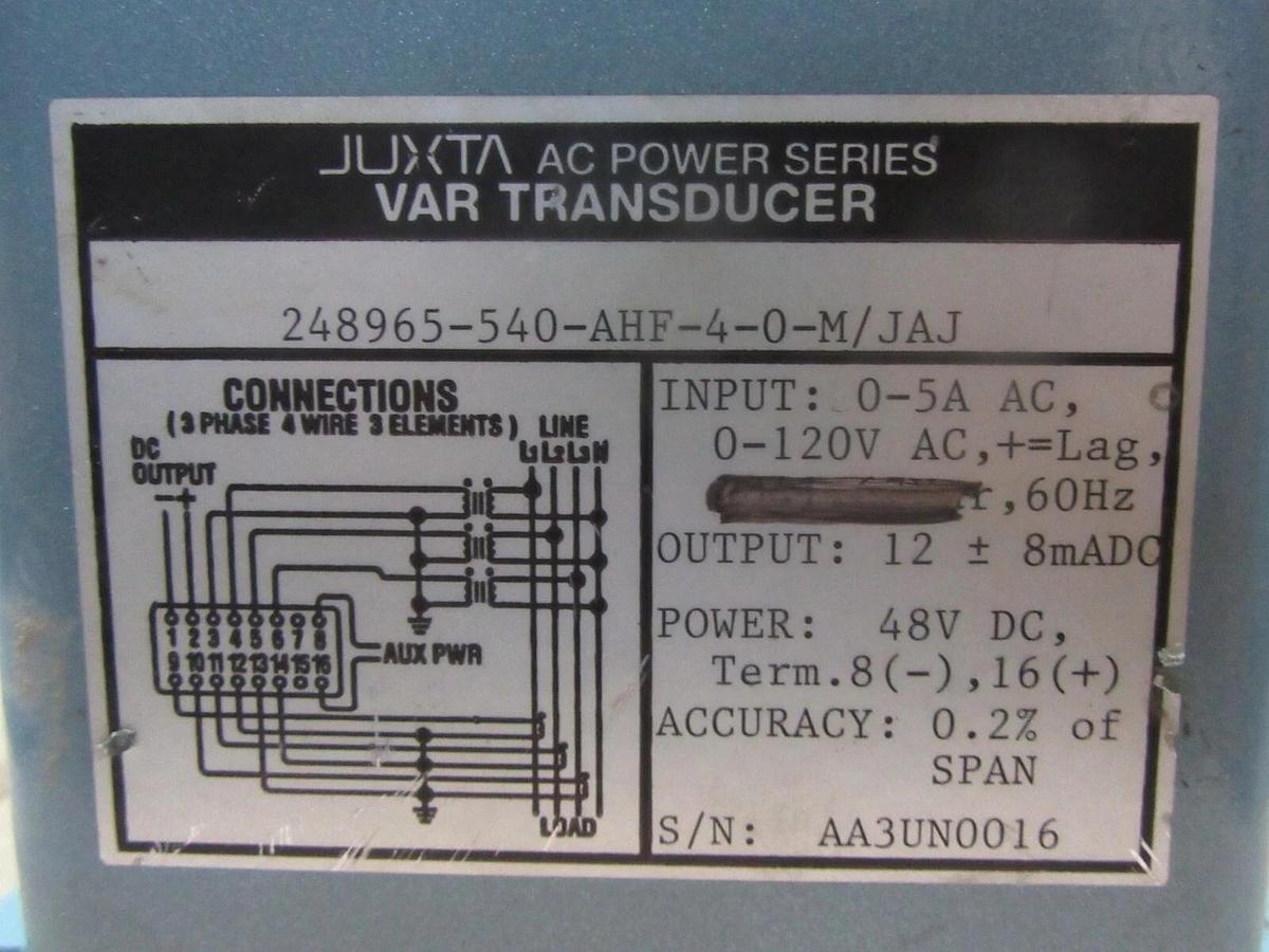 Used YOKOGAWA JUXTA VAR TRANSDUCER 248965-540-AHF-4-0/JAJ 120 VAC 8 mA