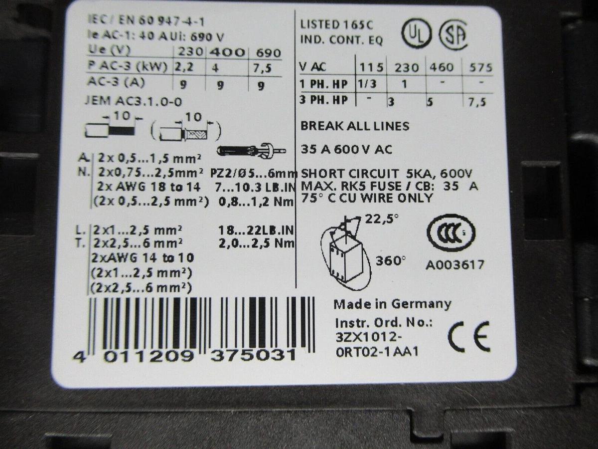 Used SIEMENS MANUAL MOTOR STARTER 3RV1021-1FA10 W/ 3RT1023-1A..0 600 VAC 7.5 HP