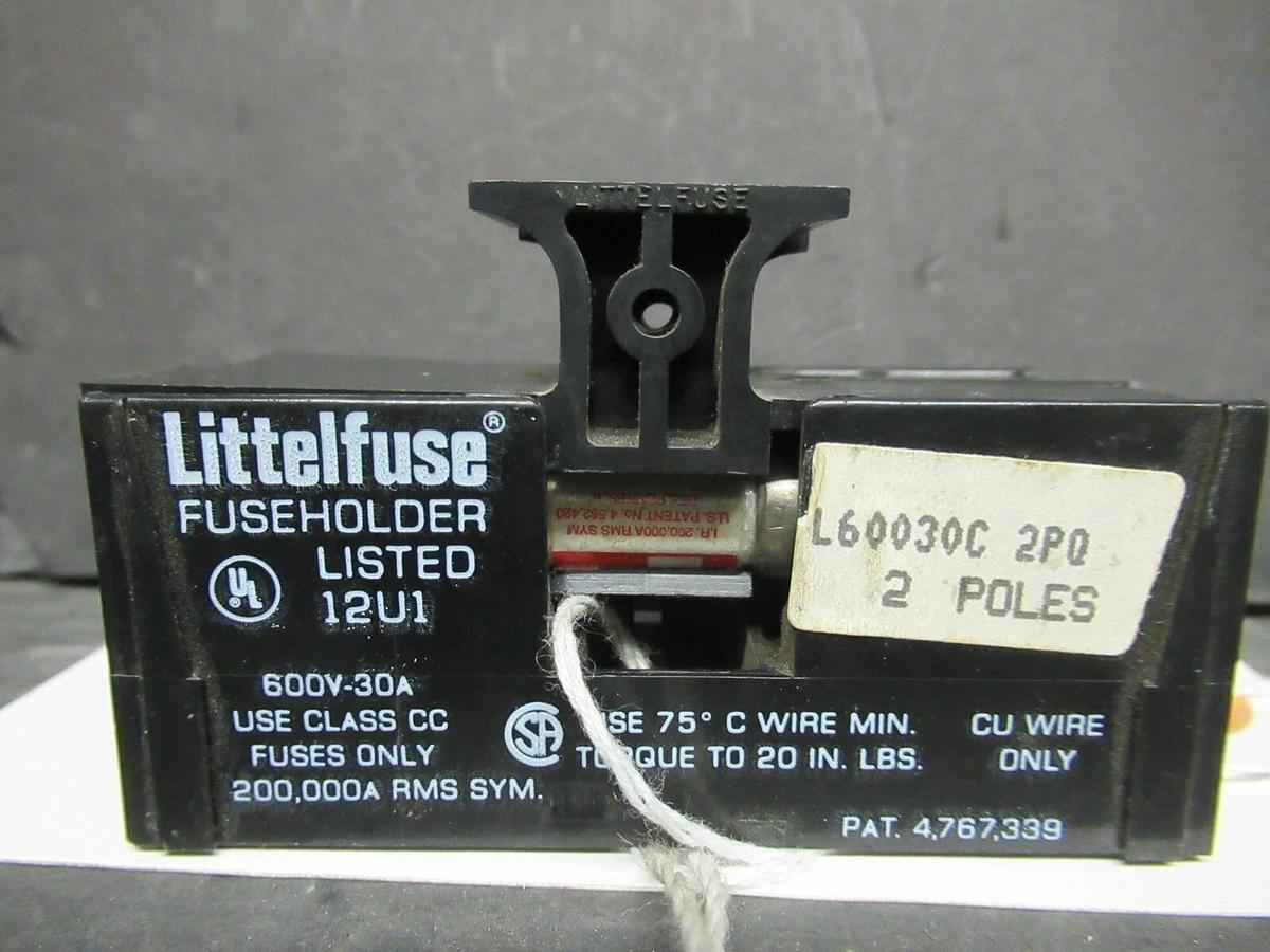 Used LITTELFUSE FUSE HOLDER L60030C-2PQ 600 VOLT 30 AMP CLASS CC FUSES W/ FUSES