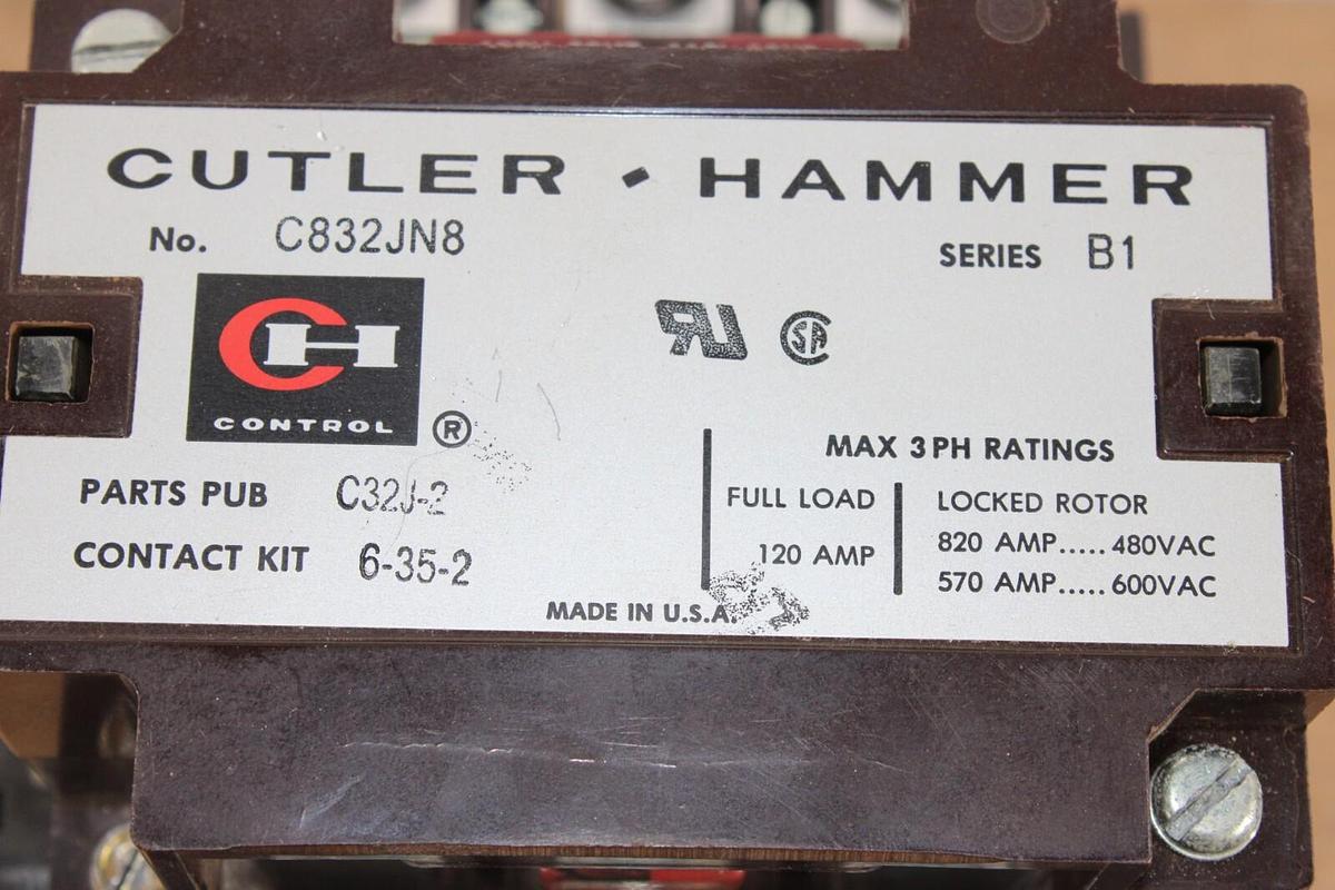 Used CUTLER HAMMER CONTACTOR C832JN8 120 AMP 600 VOLT 3-PHASE COIL: 120V **WARRANTY**