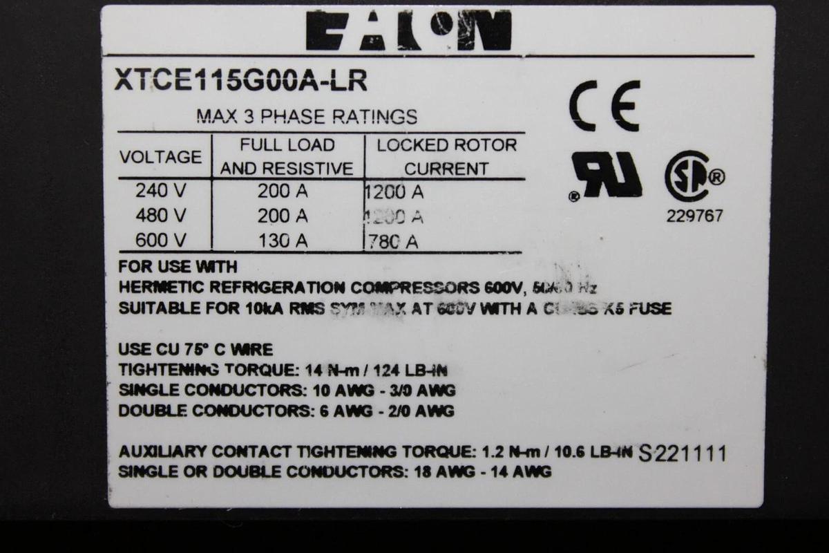 Used EATON CONTACTOR DIL-M115 XTCE115G00A-LR 600 VOLT 200 AMP **WARRANTY**