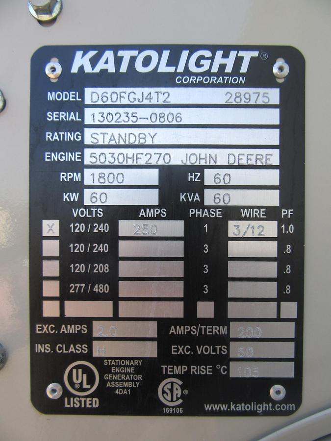 Used 60 KW DIESEL GENERATOR KATOLIGHT 120/240V RE-CONNECTABLE 786 HRS VIDEO WE SHIP