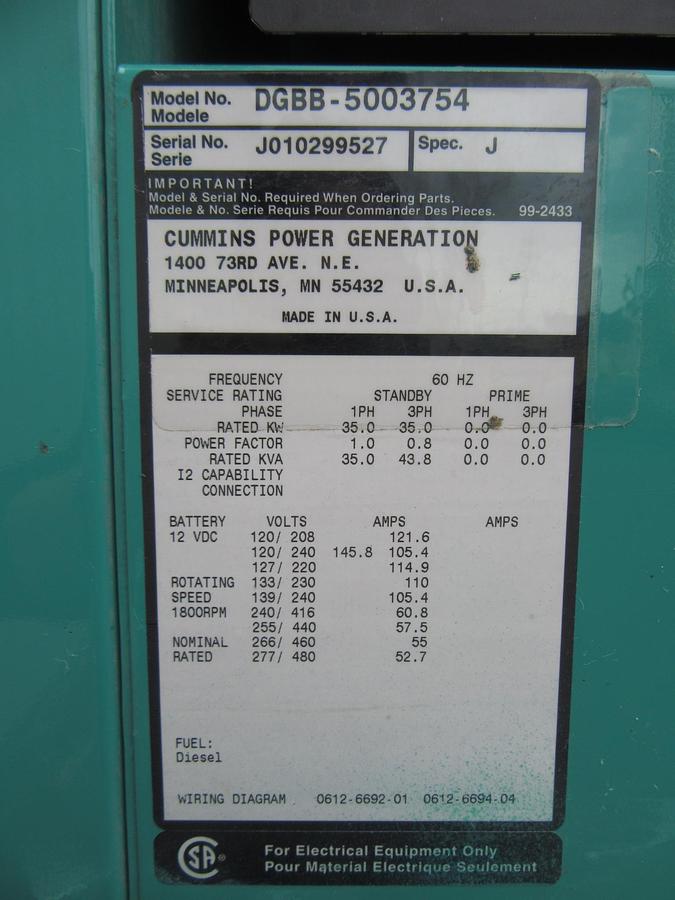 Used 35 KW DIESEL GENERATOR CUMMINS 120/240V B3.9-G2 RECONNECTABLE VIDEO WE SHIP