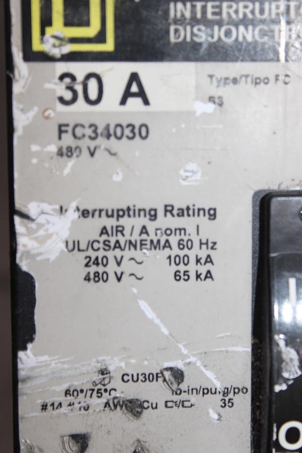 Used SQUARE D I-LINE CIRCUIT BREAKER FA34030 30 AMP 480 VOLT 3-POLE