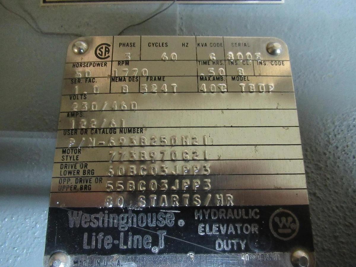 Used WESTINGHOUSE MOTOR 693B250H21 50 HP 3 PHASE 1770 RPM MODEL: TBDP FRAME: 324T