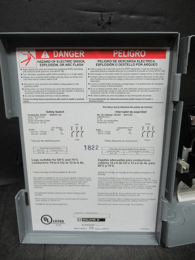 NEW SURPLUS SQUARE D SAFETY SWITCH DU321 30 AMP 240 VAC 7.5 HP 3-PHASE 3-POLE