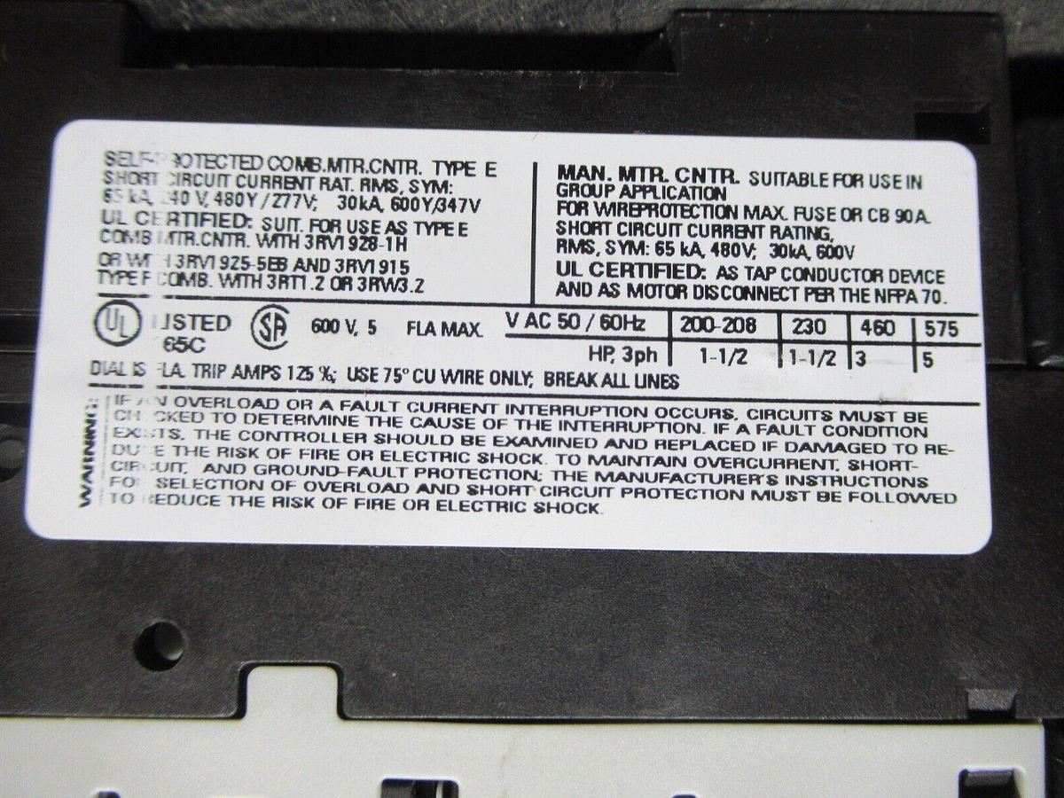 Used SIEMENS MANUAL MOTOR STARTER 3RV1021-1FA10 W/ 3RT1023-1A..0 600 VAC 7.5 HP