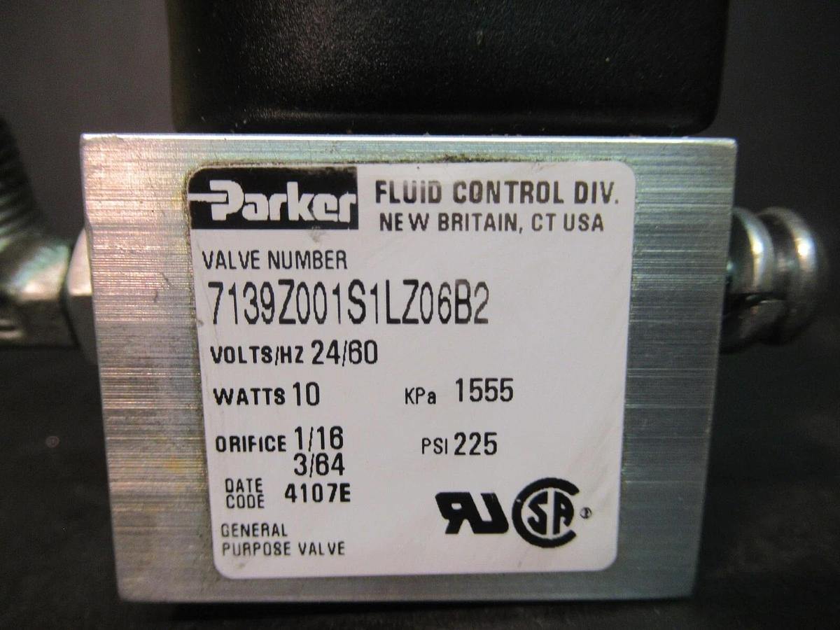 Used PARKER FLUID CONTROL VALVE 7139Z001S1LZ06B2 24 VOLT 10 WATT 1555 KPA 225 PSI