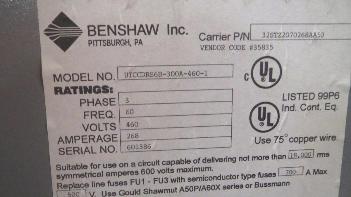 Used BENSHAW CARRIER SOLID STATE CHILLER SOFT START 268A @ 460V # UTCCDRS6B-300A-460