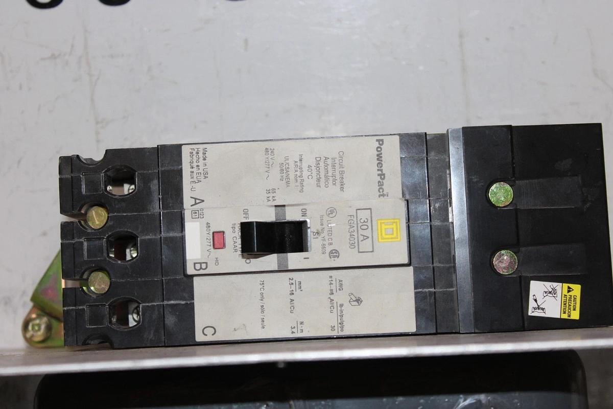 Used SQUARE D POWERPACT I-LINE CIRCUIT BREAKER FGA34030 30 AMP 3-POLE 480/277 VAC
