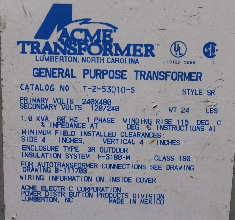 Used ACME TRANSFORMER T-2-53010-S 1 KVA PRI: 240/480V SEC: 120/240V SINGLE PHASE