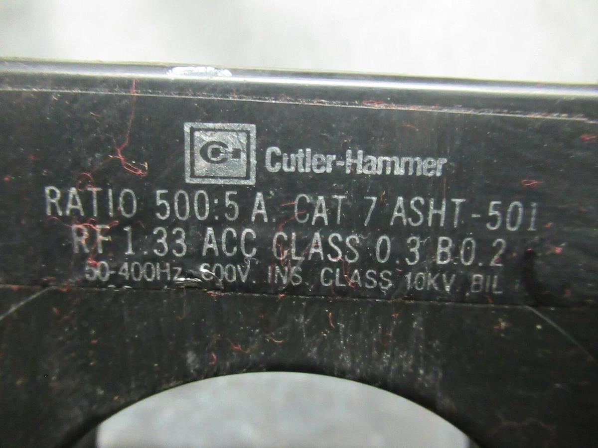 Used CUTLER HAMMER CURRENT TRANSFORMER ASHT-501 500:5 50-400 HZ 600 VOLTS