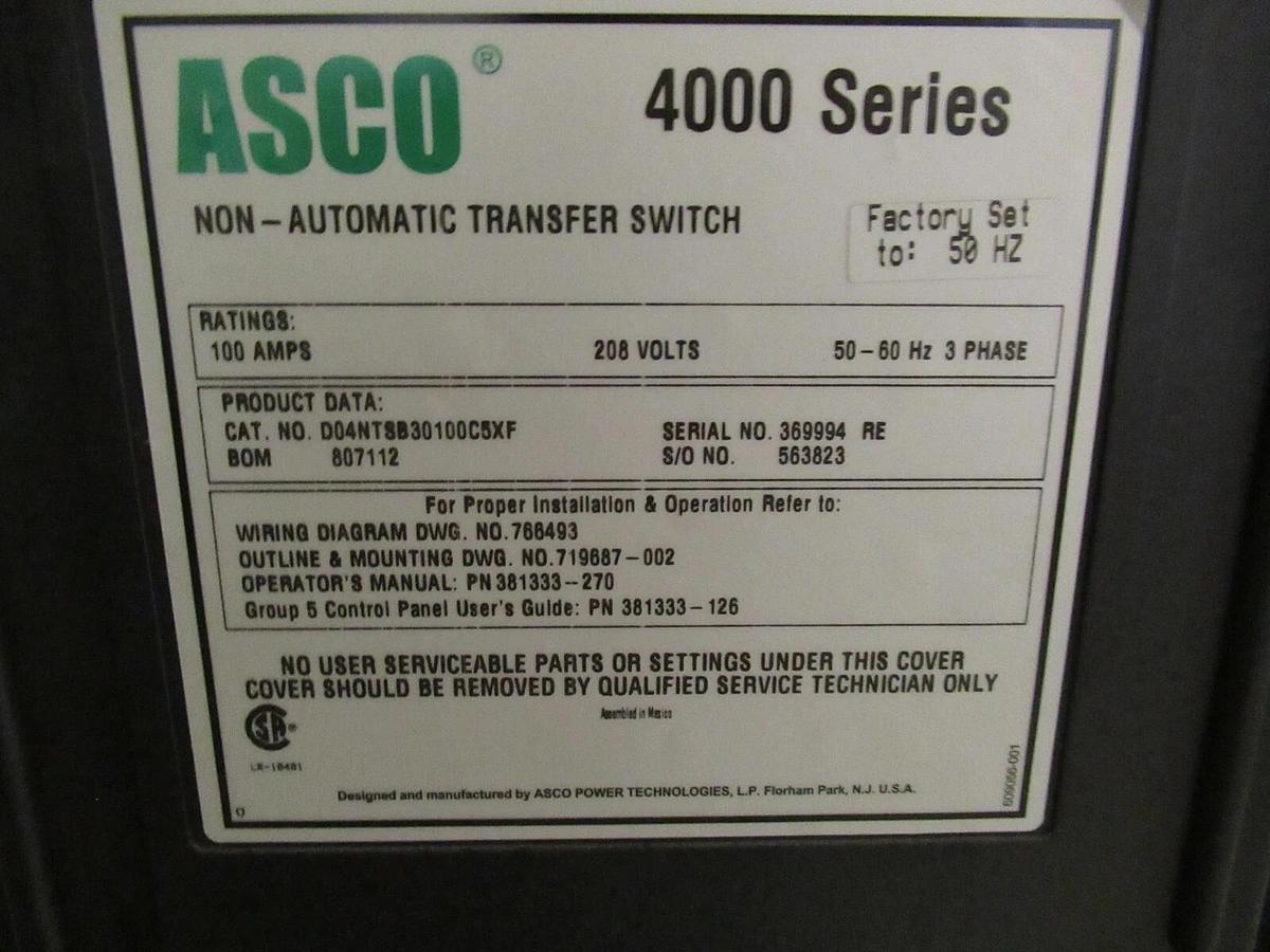 Used ASCO NON-AUTOMATIC TRANSFER SWITCH 4000 SERIES NEMA 3R 100 AMP 208 VOLTS 3 PHASE
