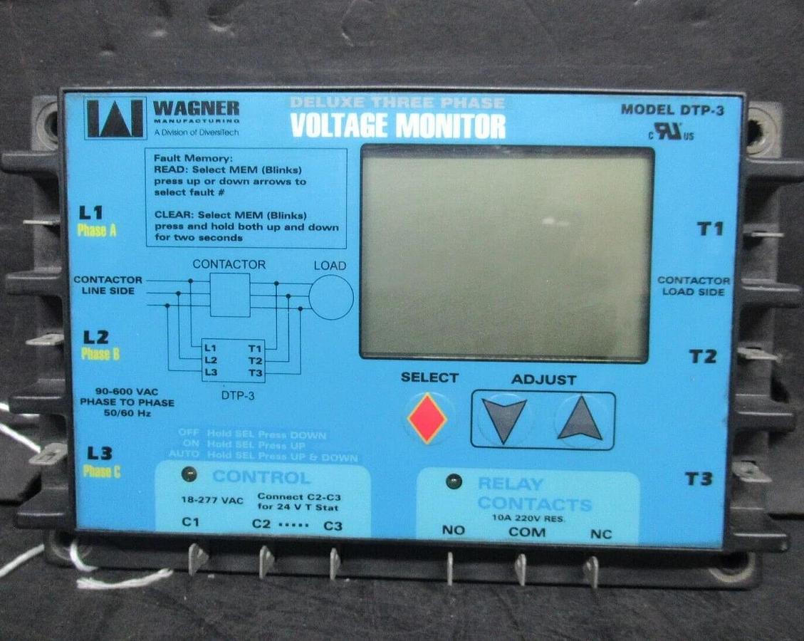 Used WAGNER DELUXE THREE PHASE VOLTAGE MONITOR DTP-3 90-600 VAC 10 AMP