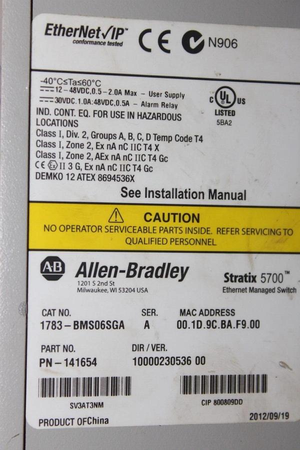 Used ALLEN BRADLEY ETHERNET SWITCH STRATIX 5700 1783-BMS06SGA PN-141654 **WARRANTY**