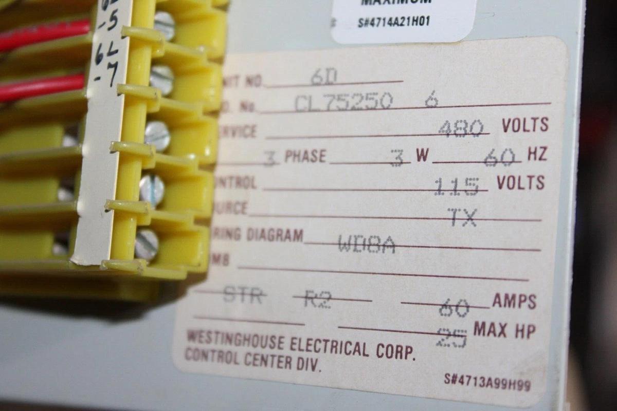 Used CUTLER HAMMER MCC STARTER BUCKET 2100 FREEDOM 12" CL75250-6 60 AMP SIZE 2