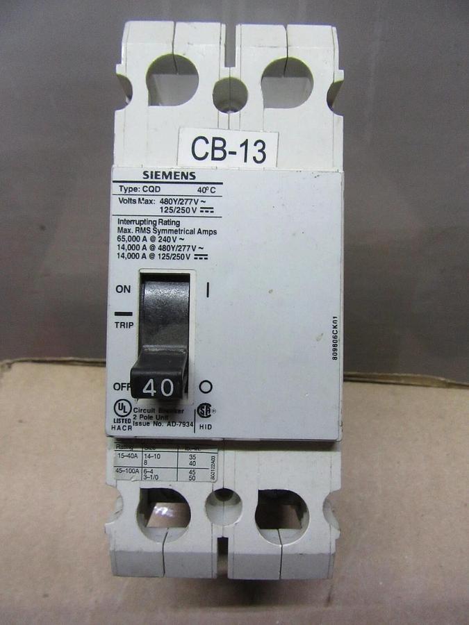 Used SIEMENS CIRCUIT BREAKER CQD240 480/277 VAC 40 AMP 2-POLE **WARRANTY**
