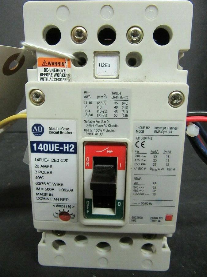 Used 20 AMP ALLEN BRADLEY BREAKER 140UE-H2E3-C20 3 POLE 480 VAC
