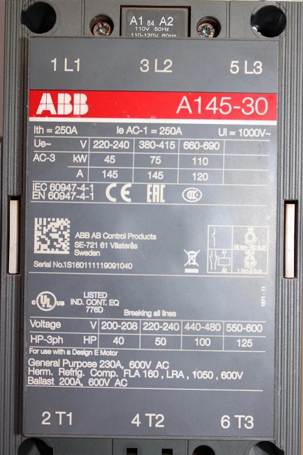 Used ABB CONTACTOR AF145-30 3-POLE 600 VAC 125 HP 230 AMP **WARRANTY INCLUDED**