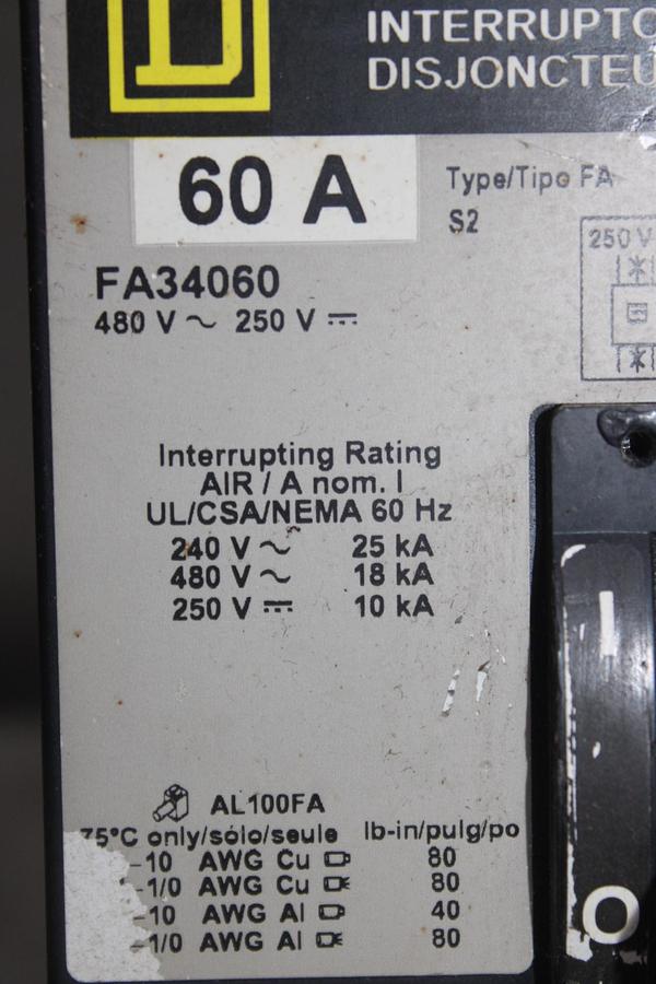 Used SQUARE D I-LINE CIRCUIT BREAKER FA36060 SERIES 2 60 AMP 600 VAC 3-POLE