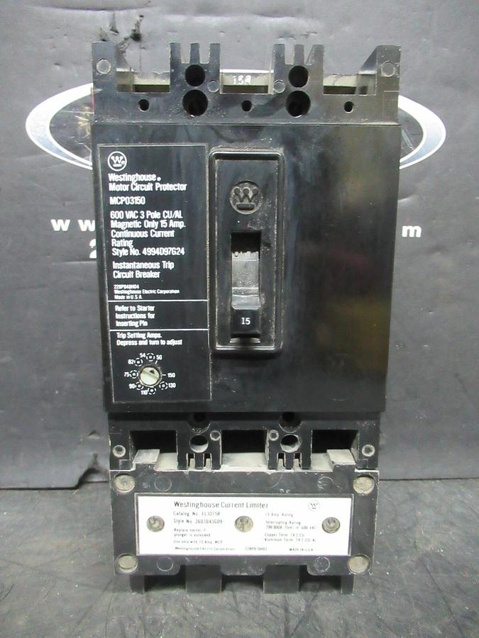 Used WESTINGHOUSE MOTOR CIRCUIT PROTECTOR MCP03150 15 AMP 600 VAC 3-POLE
