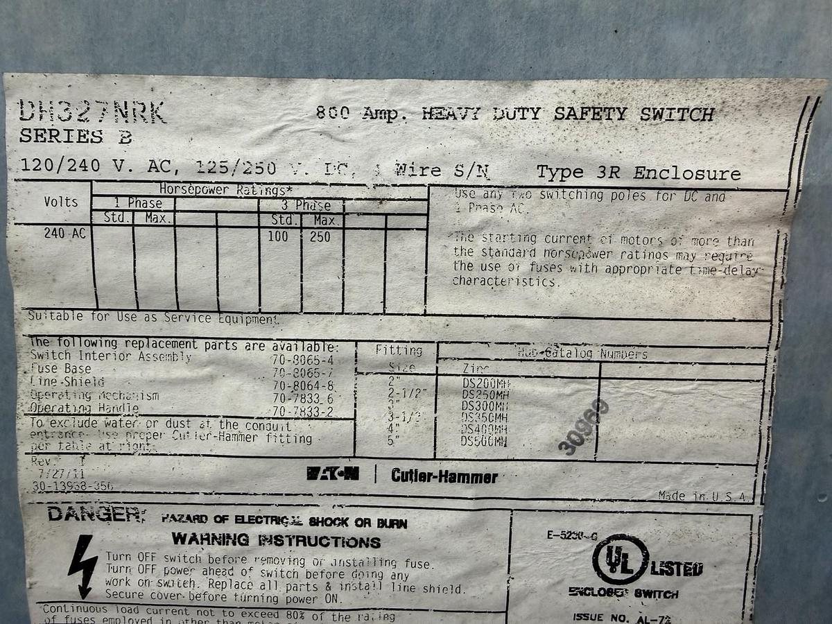 Used EATON HEAVY DUTY SAFETY SWITCH DISCONNECT DH327NRK 800 AMP 240 VAC NEMA 3R