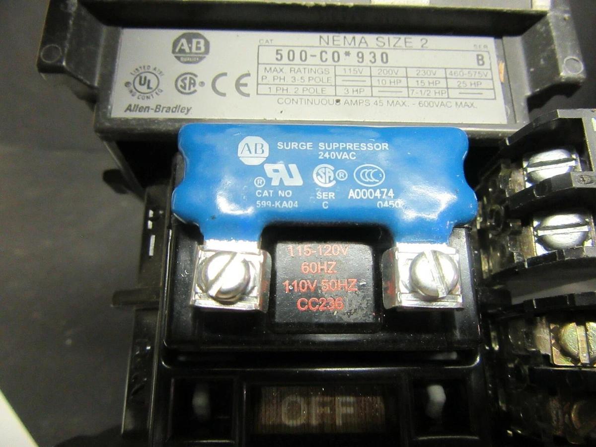 Used ALLEN BRADLEY NEMA CONTACTOR 500-CO*930 NEMA 2 45 AMP 600 VAC 25 HP COIL: 120V