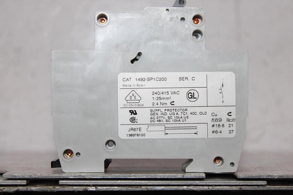 Used ALLEN-BRADLEY SINGLE POLE CIRCUIT BREAKER 1492-SP1C200 20 AMP 240/277 VAC