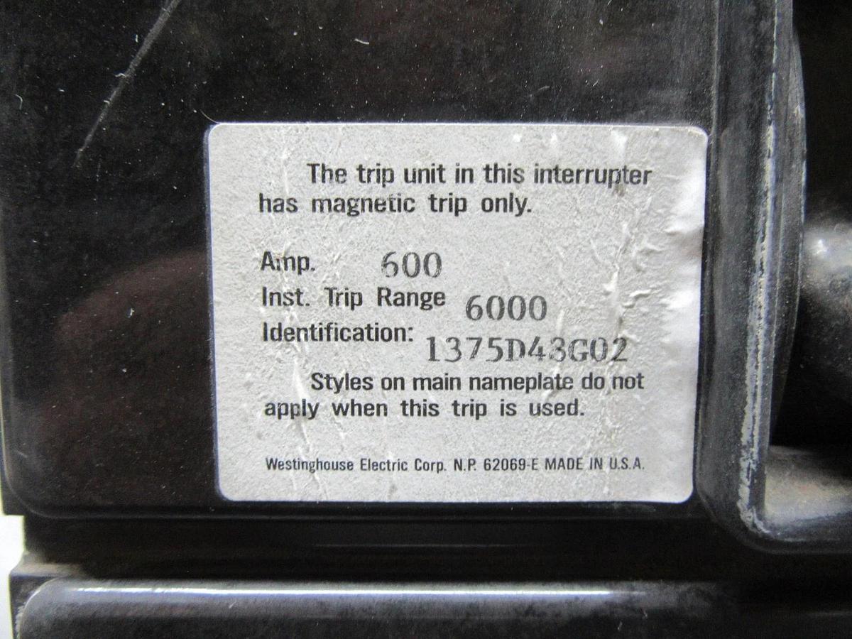 Used WESTINGHOUSE 3-POLE MOLDED CASE SWITCH LC3600WK 600 AMP TRIP 600 VAC