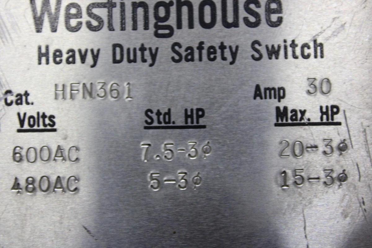 Used WESTINGHOUSE HEAVY DUTY SAFETY DISCONNECT SWITCH HFN361 30 AMP 600 VAC